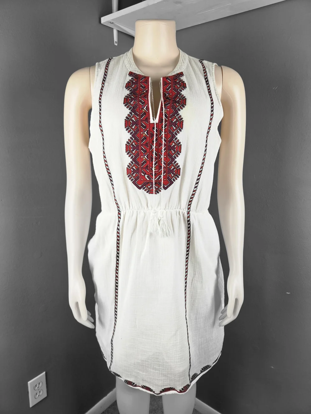 Madewell White Sleeveless Midi Dress with Red & Black Embroidery - Picture 9 of 11